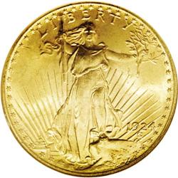 1924 $20 MS66 NGC. Fully lustrous with bright orange-g