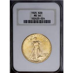 1925 $20 MS64 NGC. Pale golden colored with high-end s