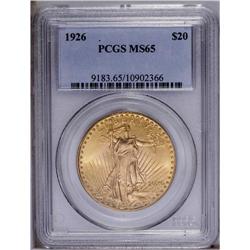 1926 $20 MS65 PCGS. Lovely straw-gold and pink colorat