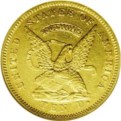 1853 $10 Assay Office Ten Dollar, 900 Thous. MS60 NGC.