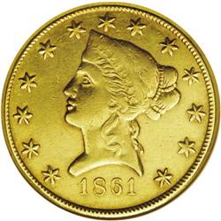 1861 $10 Clark, Gruber & Co. Ten Dollar--Ex Jewelry--A