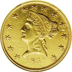 1861 $10 AU55 ANACS.