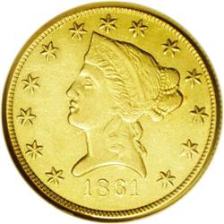 1861 $10 Clark, Gruber & Co. Ten Dollar AU58 NGC. K-7,