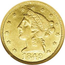 1849 $5 Moffat & Co. Five Dollar AU58 NGC. K-4, R.5. A