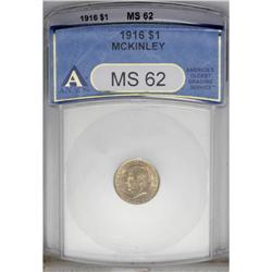 1916 G$1 McKinley MS62 ANACS. This apricot-gold exampl 1916[G$1] McKinley MS62 ANACS.