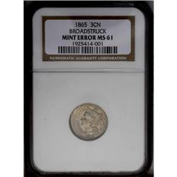 1865 3CN Three Cent Nickel--Broadstruck--MS61 NGC. An 1865[3CN] Three Cent Nickel--Broadstruck--MS61