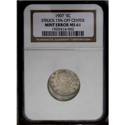 1907 5C Nickel--Struck 15% Off Center--MS61 NGC. Surpr 1907[5C] Liberty Nickel--Struck 15% Off Cente