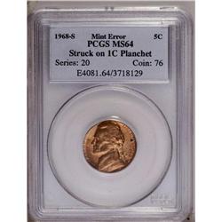 1968-S 5C Jefferson Nickel--Struck on a Cent Planchet- 1968-S[5C] Jefferson Nickel--Struck on a Cent