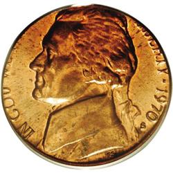1970-S 5C Jefferson Nickel--Struck on Cent Planchet--M 1970-S[5C] Jefferson Nickel--Struck on Cent P