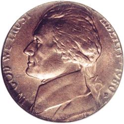1980-D 5C Jefferson Nickel--Struck on a Cent Planchet- 1980-D[5C] Jefferson Nickel--Struck on a Cent