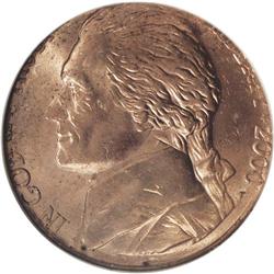 2000-P 5C Jefferson Nickel--Struck on a Struck Cent--M 2000-P[5C] Jefferson Nickel--Struck on a Stru