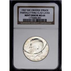 1967 50C Obverse Struck Partially Through Clad Layer M 1967[50C] Kennedy Half Dollar--Obverse Struck