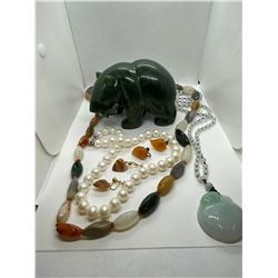 ONE NEPHRITE JADE (B.C. JADE) BEAR CARVING, REPLACEMENT VALUE: $ 250.00, ONE LONG STRAND OF MULTI