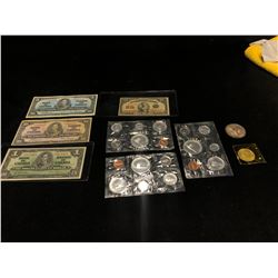 CANADIAN COINS AND NOTES, AND 1 US SILVER OUNCE