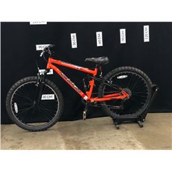 ORANGE NAKAMURA MONSTER 7 SPEED FULL SUSPENSION YOUTH SIZE MOUNTAIN BIKE, 70 STANDOVER HEIGHT