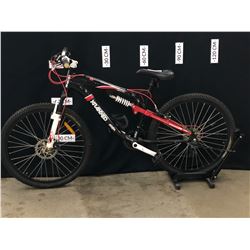 BLACK KRANKED FACTOR 21 SPEED FULL SUSPENSION MOUNTAIN BIKE WITH FRONT AND REAR DISC BRAKES,