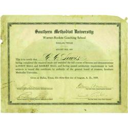 "Knute Rockne, Pop Warner Signed Diploma PSA/DNA"