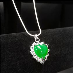 Mounted Green Jade Heart Shape Pendant On 925 Silver Plated Snake Link Necklace