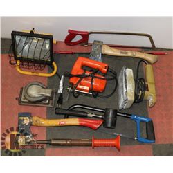 ESTATE BOX OF TOOLS, WORK LIGHT, SANDER JIGSAW