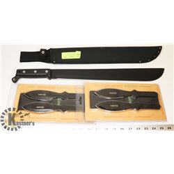 17 INCH BLACK BLADE MACHETE AND 4 THROWING KNIVES