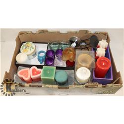 TWO BOXES OF ASSORTED NEW CANDLES AND HOLDERS