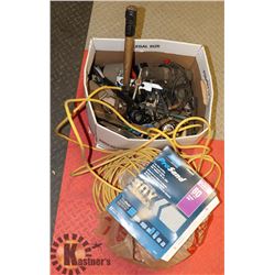 ESTATE BOX OF TOOLS, EXTENSION CORD HAMMERS AND