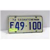 Image 1 : SASKATCHEWAN 1972 LICENSE PLATE