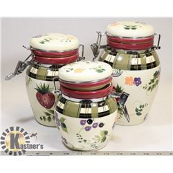 3 PIEC ONEIDA CANISTER SET. STRAWBERRY PLAID