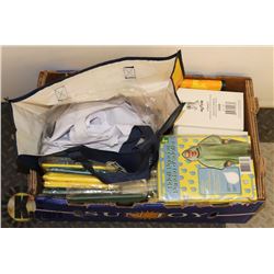 BOX OF HAIR NETS, ADULT PONCHOS AND WHITE APRONS