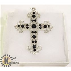 LARGE SILVER TONE CROSS WITH STONES