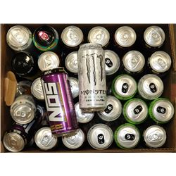 BOX OF ENERGY DRINKS, NOS, MONSTER & MORE