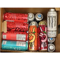 BOX OF LARGE CANS OF MONSTERS & PEACE TEAS