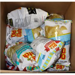 BOX  OF VARIOUS LARGE BAGS OF CHIPS, INCLUDES S&V