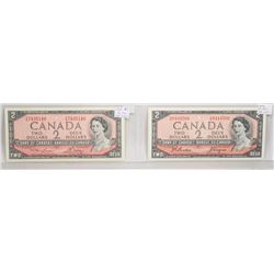 TWO X  1954 CANADIAN $2 DOLLAR BILLS