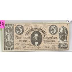 1864 CONFEDERATE $5 DOLLAR BILL