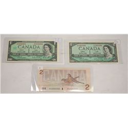 2 CANADIAN 1954 $1 BILLS & 1986 $2 BILL