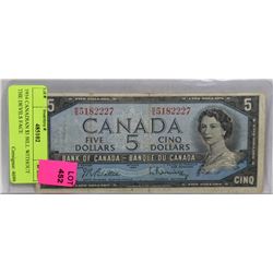 1954 CANADIAN $5 BILL WITHOUT THE DEVILS FACE