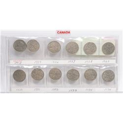 DOUBLE STOCK ROW OF 12 SILVER CANADIAN NICKELS