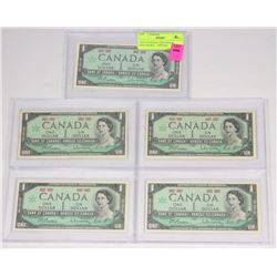 LOT OF 5, 1967 CANADIAN CENTENNIAL DOLLAR BILLS