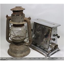 BEACON OIL LANTERN AND OLD TOASTER