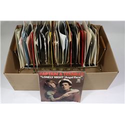 BOX OF OLD 45'S W/2 VINTAGE RECORD STANDS