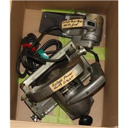 BOX WITH VINTAGE CIRCULAR SAW AND POWER PLANER