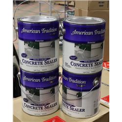 BOX OF FOUR 1 GAL CANS OF CONCRETE STAIN. GREY.