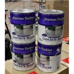BOX OF FOUR 1 GAL CANS OF CONCRETE STAIN. GREY.