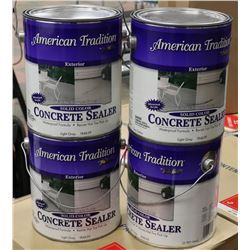 BOX OF FOUR 1 GAL CANS OF CONCRETE STAIN. GREY.