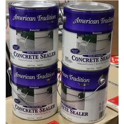 BOX OF FOUR 1 GAL CANS OF CONCRETE STAIN. GREY.