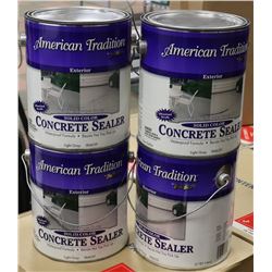 BOX OF FOUR 1 GAL CANS OF CONCRETE STAIN. GREY.