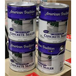 BOX OF FOUR 1 GAL CANS OF CONCRETE STAIN. GREY.