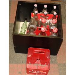 WOODEN BOX FILLED WITH VINTAGE COKE PRODUCTS