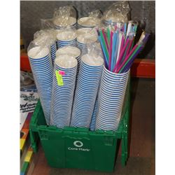 CRATE OF TAKEOUT CUPS, STRAWS & LIDS